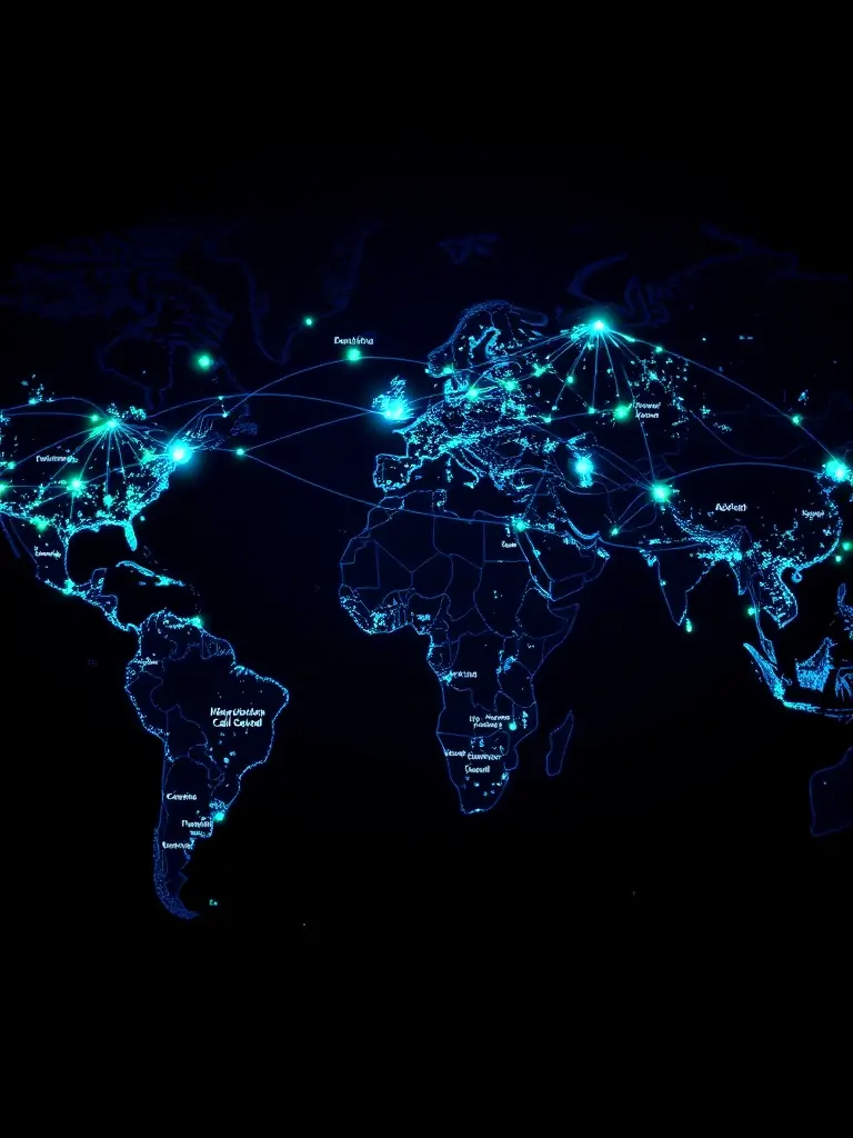 A global map highlighting various international call routes, emphasizing worldwide reach.