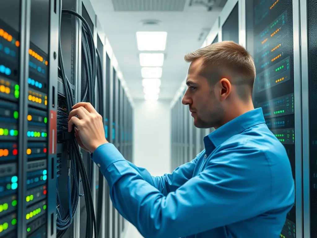 A professional image depicting a network engineer configuring SIP trunking settings in a modern data center environment, emphasizing the technical expertise and reliability of Amano Telecom's SIP trunking services.